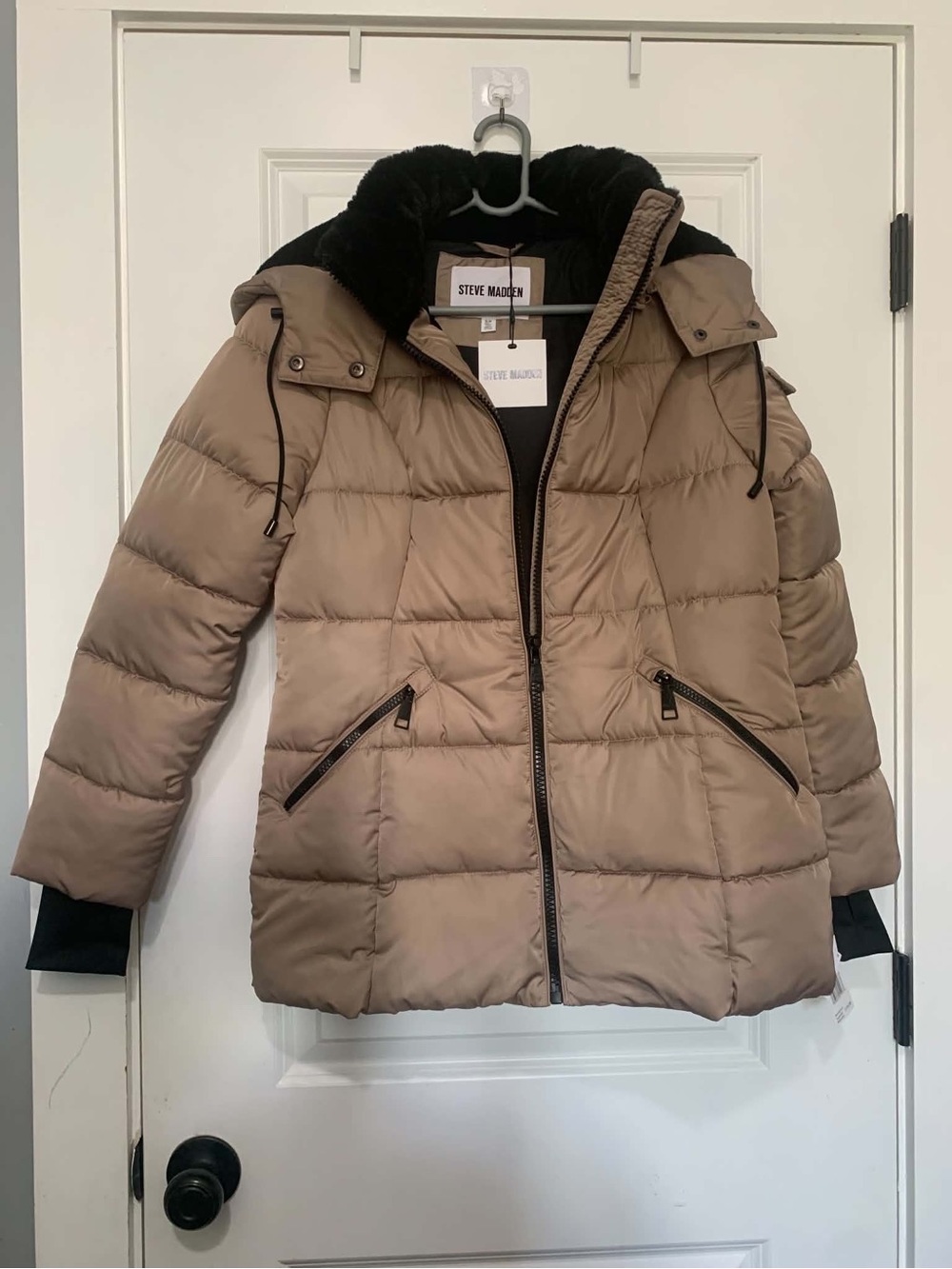 Steve Madden Taupe Quilted Puffer Jacket with Faux Fur Hood